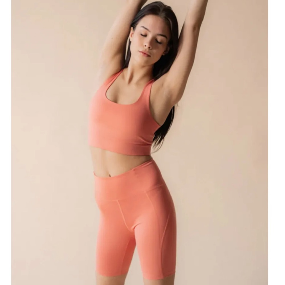 Girlfriend Collective Paloma bra and high rise bike shorts in color primrose NWT